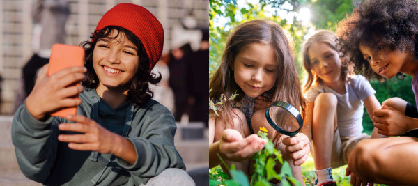 On the left is a young child taking a selfie and on the right are three kids exploring the outdoors.