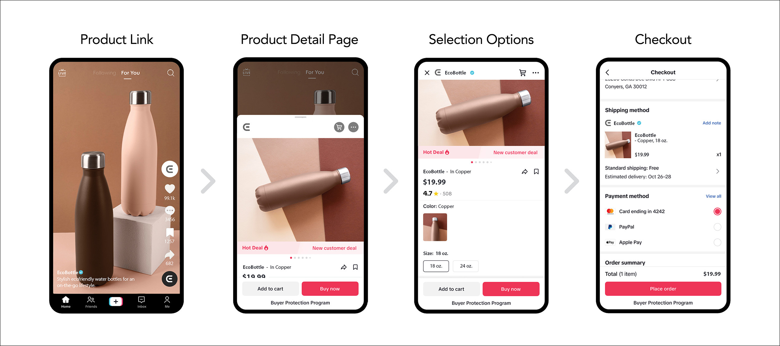 A TikTok purchase from search result to shopping cart.